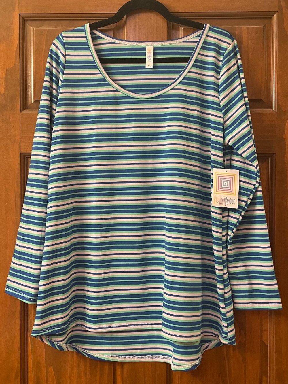 NWT LuLaRoe Lynnae long sleeve tee- White, Blue, and Green Stripes